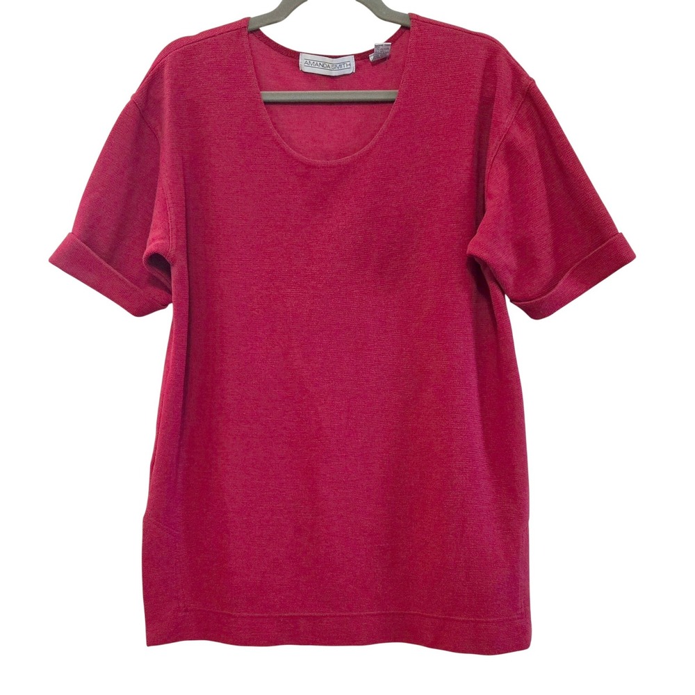 Amanda Smith Deep Strawberry Red Short Sleeve Slub Knit Top M Scoop Neck Cuffed